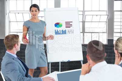 Composite image of manager presenting statistics to her colleagues