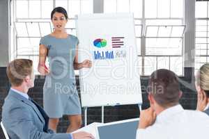Composite image of manager presenting statistics to her colleagues