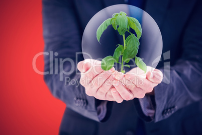 Composite image of scientist holding basil plant