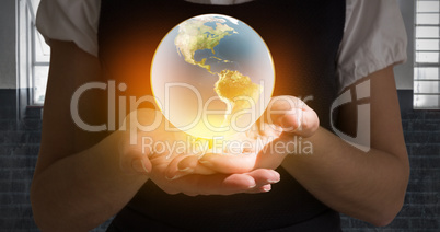 Composite image of businesswoman presenting