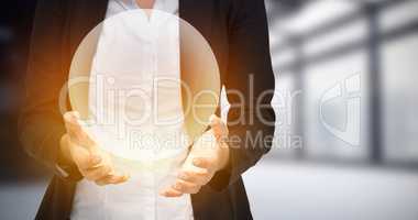 Composite image of businesswomans hands presenting