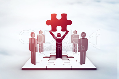 Composite image of red human standing in center of jigsaw puzzle