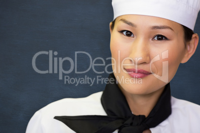 Composite image of closeup portrait of a smiling female cook