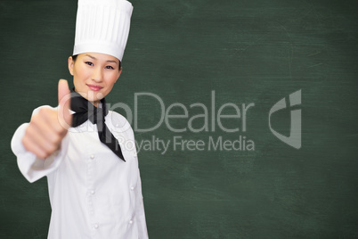 Composite image of smiling female cook gesturing thumbs up in kitchen