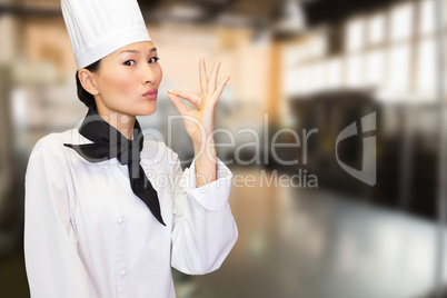 Composite image of smiling female cook in the kitchen