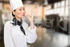 Composite image of smiling female cook in the kitchen