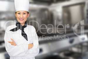 Composite image of portrait of smiling female cook in kitchen