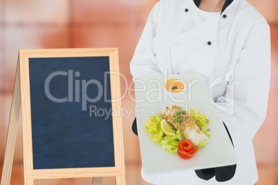 Composite image of female chef offering healthy food
