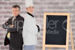 Composite image of a cook posing with a businessman
