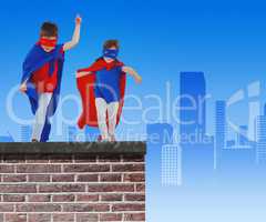 Composite image of masked kids walking pretending to be superheroes
