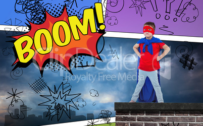 Composite image of masked boy pretending to be superhero