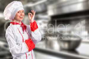 Composite image of pretty chef standing with arms crossed