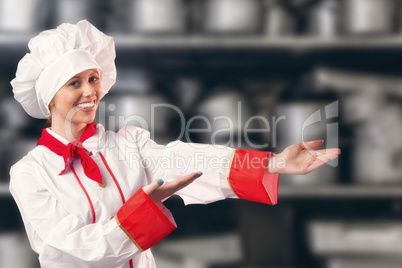 Composite image of pretty chef presenting with hands