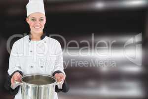 Composite image of happy female chef holding kitchen utensil