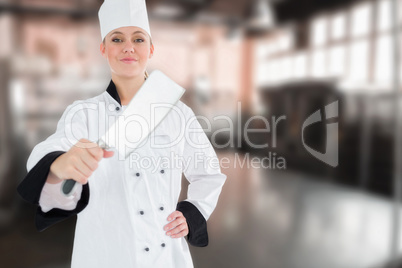 Composite image of portrait of female chef with meat cleaver