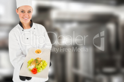 Composite image of female chef offering healthy food