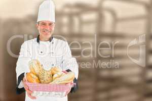 Composite image of male chef holding fresh breads in basket