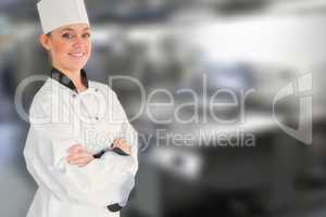 Composite image of happy female chef with arms crossed