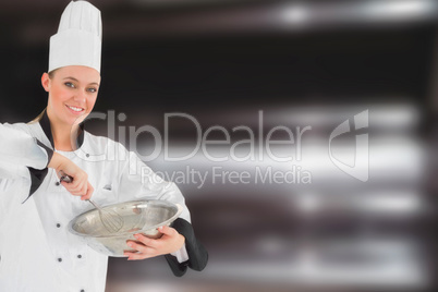 Composite image of happy female chef holding wire whisk and mixing bowl