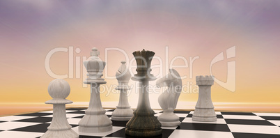 Composite image of black queen surrounded by white pieces