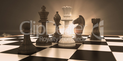 Composite image of white queen surrounded by black pieces