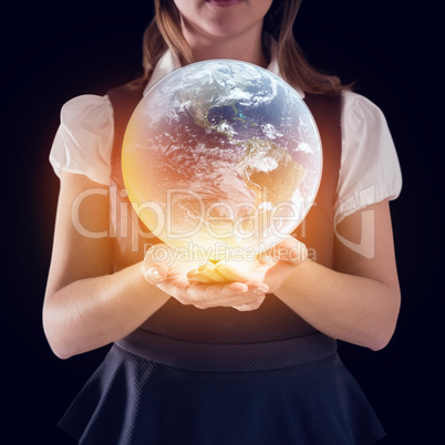 Composite image of businesswoman presenting