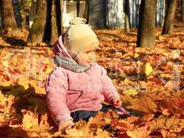 baby plays with Autumn leaves in the park