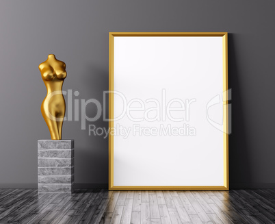 Golden frame and statue 3d rendering