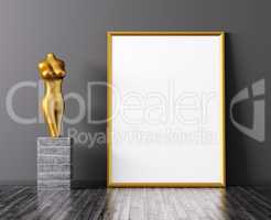Golden frame and statue 3d rendering
