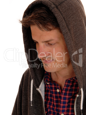 Closeup of young man in hoody.