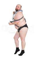 Funny Crazy Fat Man in Panties with Suspenders Posing