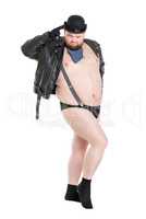 Funny Crazy Naked Fat Man in Panties with Suspenders Posing