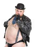 Funny Crazy Naked Fat Man in Panties with Suspenders Posing