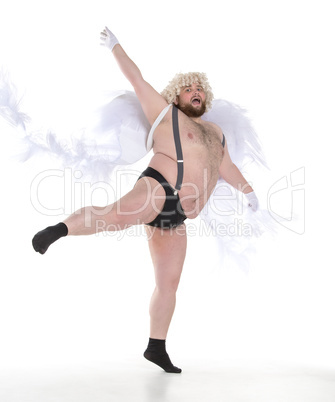 Funny Crazy Naked Fat Man in Panties with Angel Wings