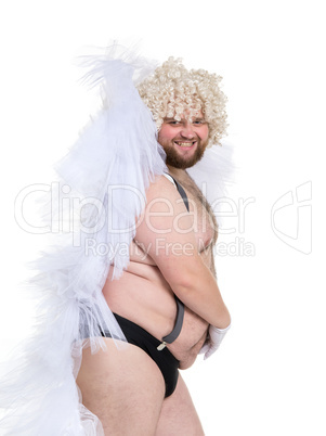 Funny Crazy Naked Fat Man in Panties with Angel Wings