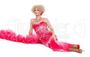Drag Queen in Pink Evening Dress Lying on Floor