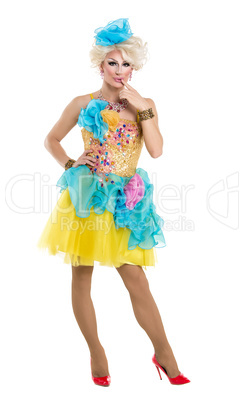 Drag Queen in Yellow-Blue Dress Performing