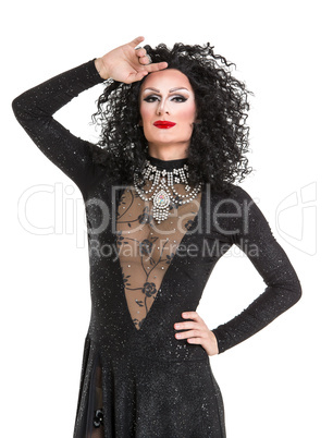 Drag Queen in Black Evening Dress Performing