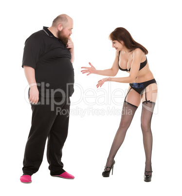 Almost Naked Woman Appalled and Surprised by the Size Man Stomac