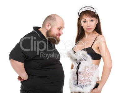 Fat Man Lustfully Watching on Breast Attractive Woman in Lingeri
