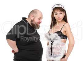 Fat Man Lustfully Watching on Breast Attractive Woman in Lingeri