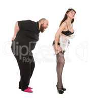Fat Man Lustfully Watching on Back Attractive Woman in Lingerie