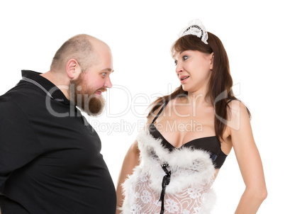 Fat Man Lustfully Watching on Breast Attractive Woman in Lingeri