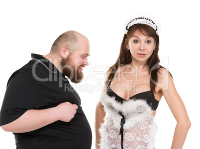 Fat Man Lustfully Watching on Breast Attractive Woman in Lingeri