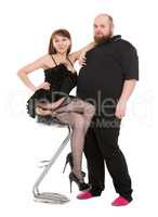 Cheerful Couple Fat man and Beautiful Woman in Lingerie