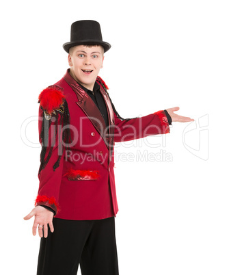 Emotional Entertainer in Red Suit and Silk Hat