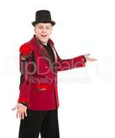 Emotional Entertainer in Red Suit and Silk Hat