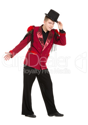 Emotional Entertainer in Red Suit and Silk Hat