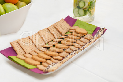 Variety of dry cookies served on a tray