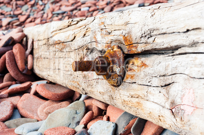 Old rusted screw in cracked wood on rocks.